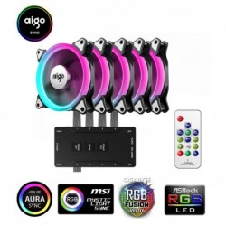 Ventola Aigo Aurora C5 Pro Sync Black (Kit 5pcs con Controller) 1500Rpm Halo Rainbow RGB PWM 120x120x25mm 6Pin Antivibration