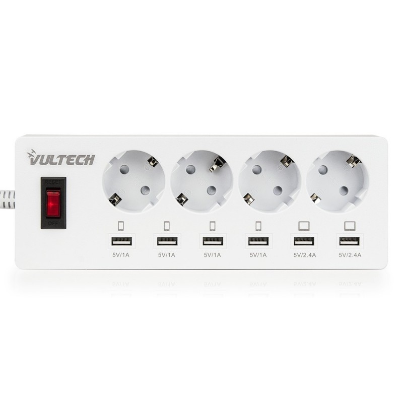 Multipresa Vultech MU-04 4 Posti Schuko + 6 Porte USB Con Tasto ON/OFF - Fast Charge