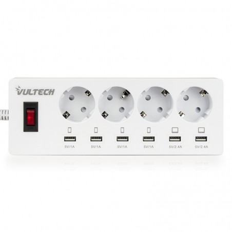 Multipresa Vultech MU-04 4 Posti Schuko + 6 Porte USB Con Tasto ON/OFF - Fast Charge